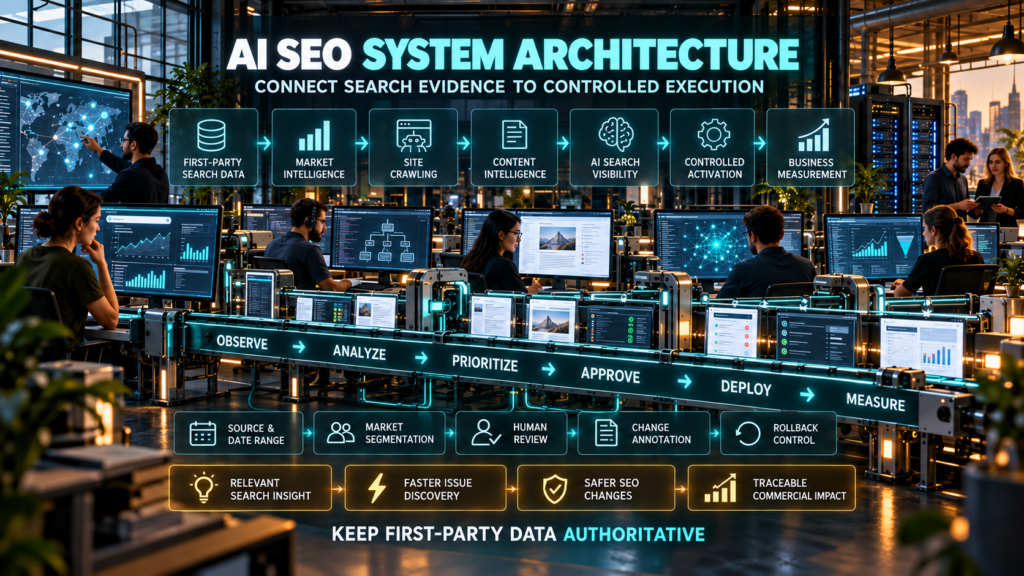 AI SEO tools for entrepreneurs: SEO specialists operating a connected search-intelligence architecture that links first-party data, market research, site crawling, content analysis, AI-search visibility, controlled deployment, and business measurement.