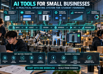 AI tools for Small Businesses: Student founders using AI for research, customer communication, content creation, workflow automation, data analysis, and business monitoring inside a connected small-business microfactory.