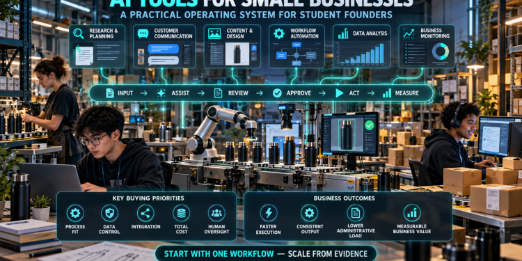 AI tools for Small Businesses: Student founders using AI for research, customer communication, content creation, workflow automation, data analysis, and business monitoring inside a connected small-business microfactory.