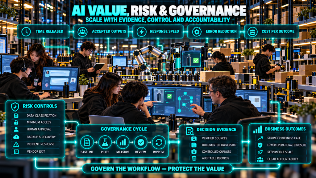 Student founders and an operations adviser monitoring AI-assisted workflows, manufacturing systems, privacy controls, audit records, and business outcomes inside a connected microfactory.