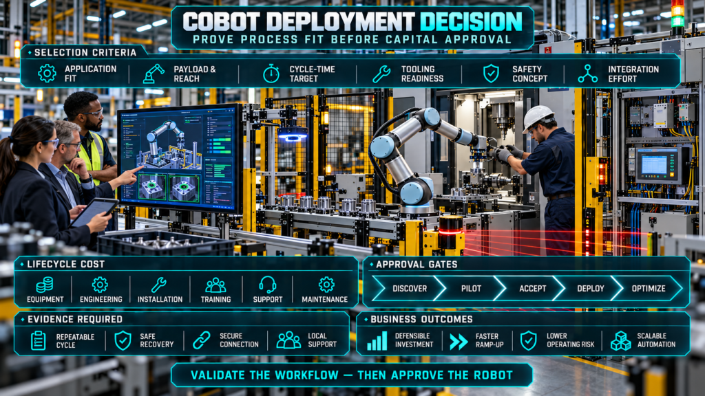 Robotic and Automation: Business leaders and engineers monitoring robots, machine vision, autonomous mobile robots, safety controls, cybersecurity systems, and production performance in a connected factory.