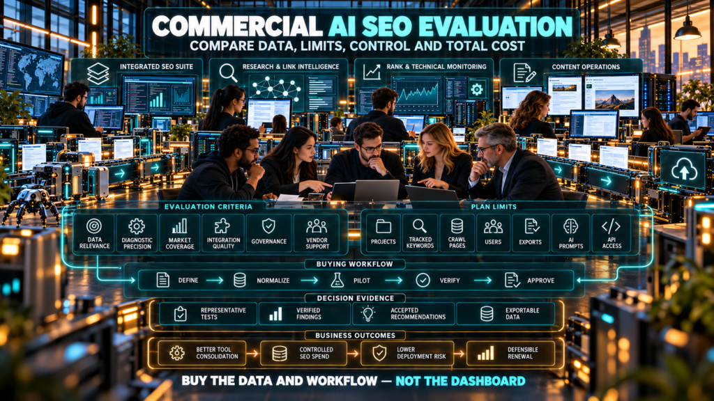 Entrepreneurs, SEO analysts, editors, engineers, and a finance stakeholder comparing SEO suites, research platforms, monitoring systems, and content operations inside a unified search-production facility.