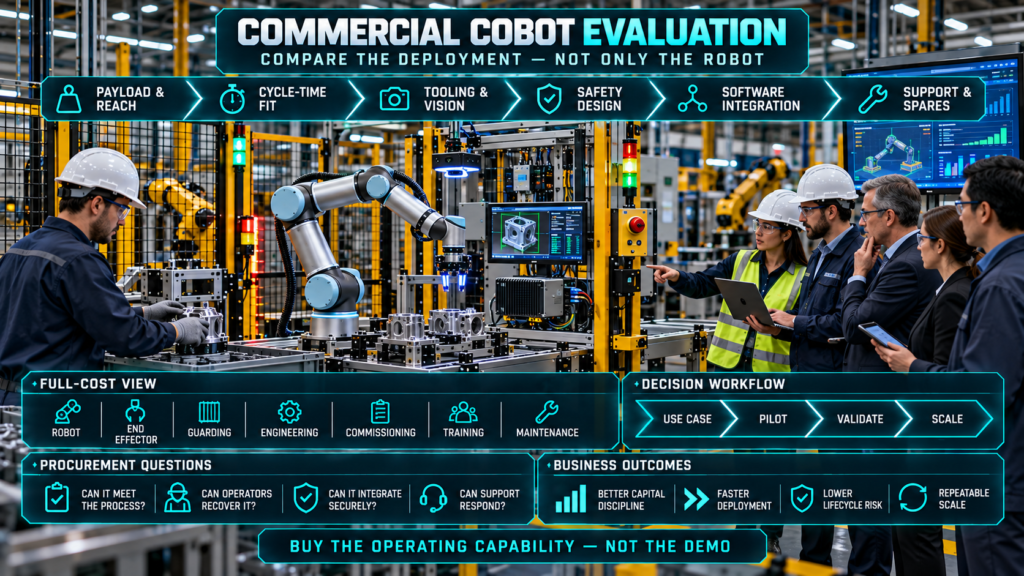 Operations, engineering, safety, finance, and IT specialists evaluating a collaborative robot workcell with machine vision, tooling, safety controls, and production software.