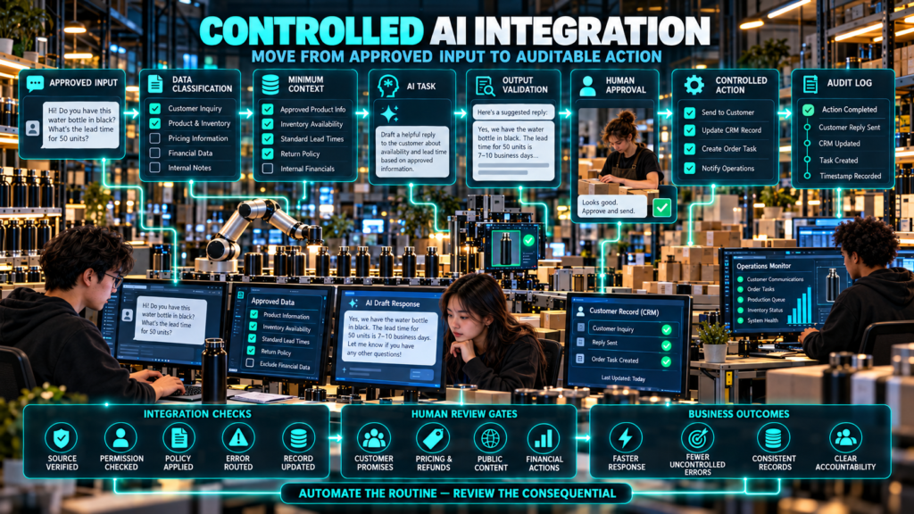 Student founders supervising approved data as it moves through AI processing, validation, human approval, controlled business action, and audit logging inside a connected microfactory.