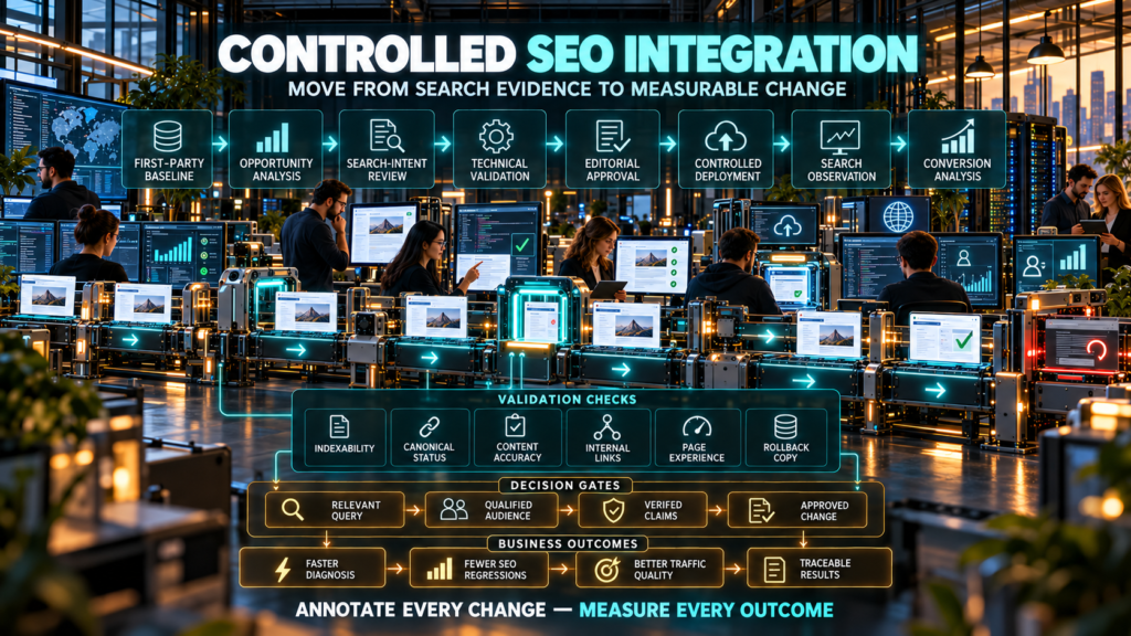 SEO analysts, editors, developers, and business owners supervising a webpage through baseline analysis, intent review, technical validation, approval, deployment, search observation, and conversion measurement.