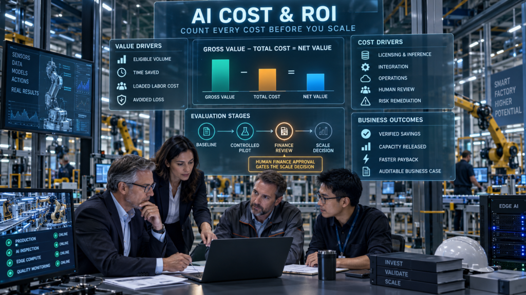 Business and technology leaders reviewing factory AI costs, value drivers, implementation stages, and expected business outcomes.