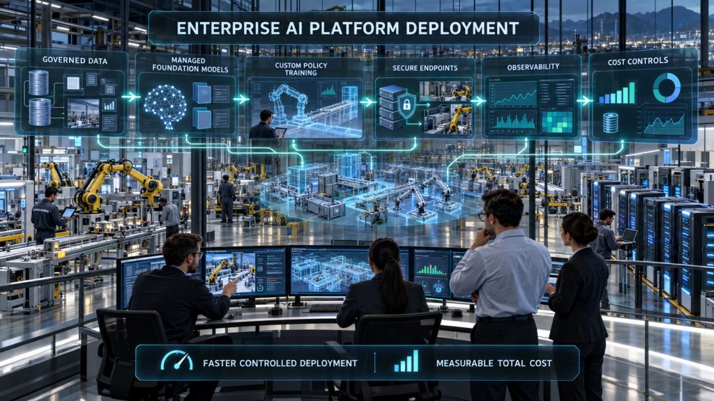 Enterprise AI platform connecting governed data, managed foundation models, custom policy training, secure endpoints, observability, and cost controls.