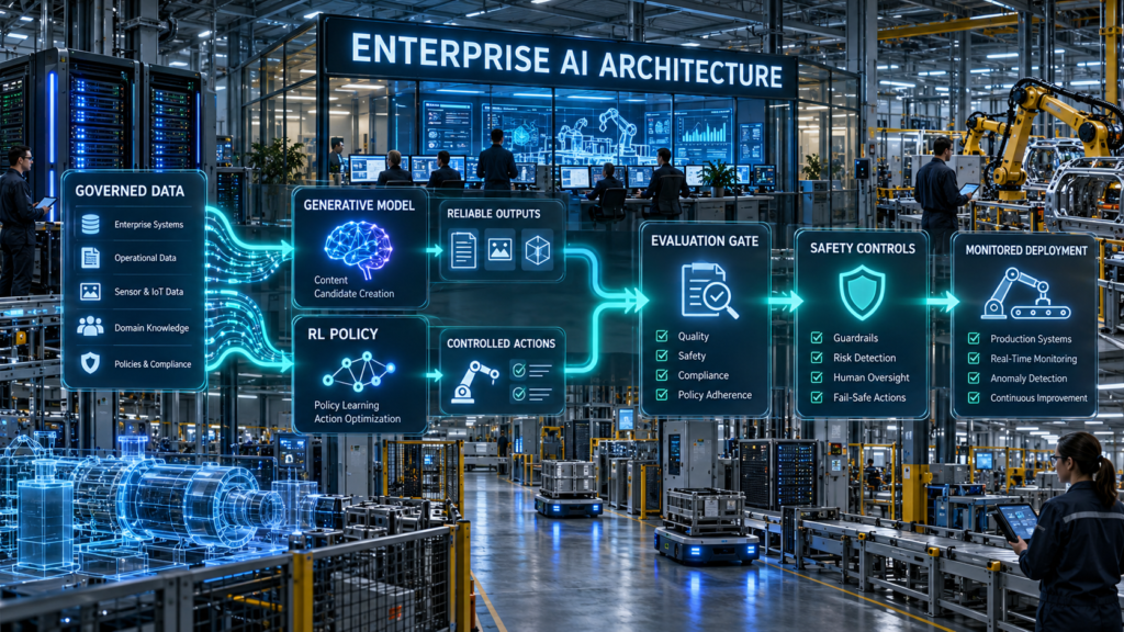 Enterprise AI architecture connecting governed data with generative models, reinforcement learning policies, evaluation, safety controls, and monitored deployment.
