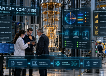 Quantum engineers and a technology executive reviewing a cryogenic quantum computer integrated with classical servers and industrial automation systems.