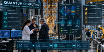 Quantum engineers and a technology executive reviewing a cryogenic quantum computer integrated with classical servers and industrial automation systems.