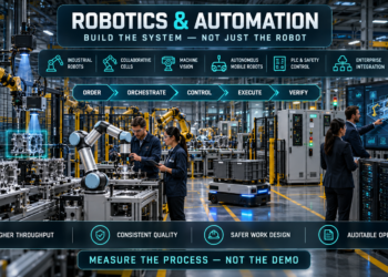 Engineers and business leaders monitoring industrial robots, collaborative cells, machine vision, autonomous mobile robots, and factory control systems in an integrated smart factory.