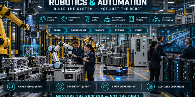 Engineers and business leaders monitoring industrial robots, collaborative cells, machine vision, autonomous mobile robots, and factory control systems in an integrated smart factory.