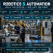 Engineers and business leaders monitoring industrial robots, collaborative cells, machine vision, autonomous mobile robots, and factory control systems in an integrated smart factory.