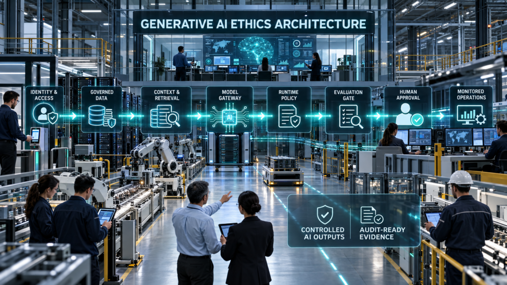 Generative AI Ethics: Ethical generative AI architecture connecting identity controls, governed data, retrieval, model gateway, runtime policy, evaluation, human approval and monitored operations.