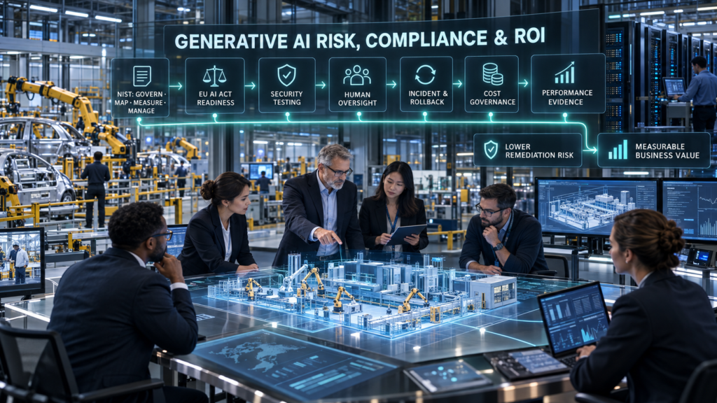 Enterprise governance team connecting NIST controls, EU AI Act readiness, security testing, human oversight, incident response, cost governance and performance evidence.