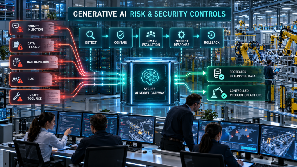 Enterprise AI security center detecting prompt injection, data leakage, hallucination, bias and unsafe tool use before controlled production deployment.