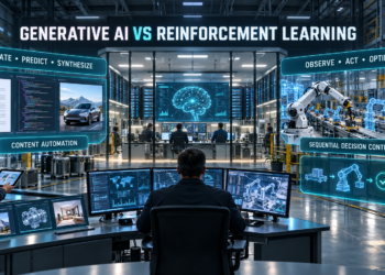Generative AI vs Reinforcement Learning: Enterprise AI operations facility comparing generative AI content automation with reinforcement learning decision control.