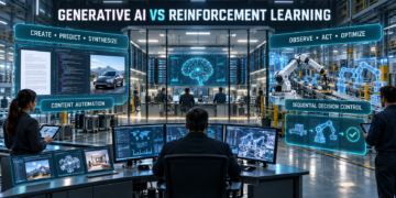 Generative AI vs Reinforcement Learning: Enterprise AI operations facility comparing generative AI content automation with reinforcement learning decision control.
