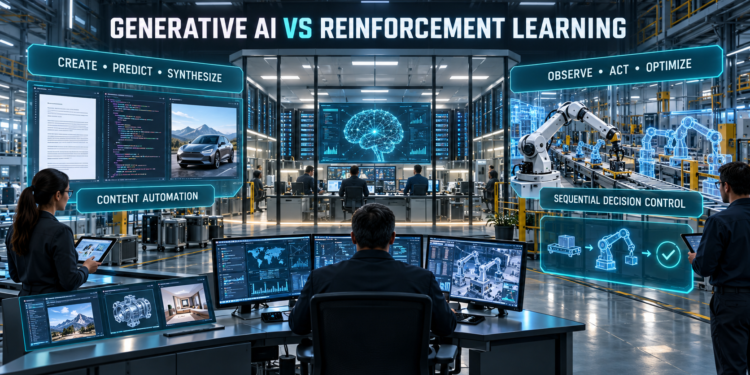 Generative AI vs Reinforcement Learning: Enterprise AI operations facility comparing generative AI content automation with reinforcement learning decision control.