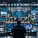 Generative AI vs Reinforcement Learning: Enterprise AI operations facility comparing generative AI content automation with reinforcement learning decision control.