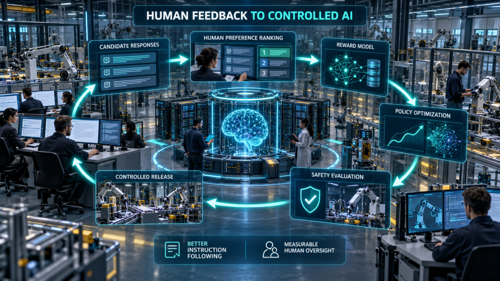 Enterprise RLHF workflow connecting candidate AI responses, human preference rankings, reward modeling, policy optimization, safety evaluation, and controlled release.