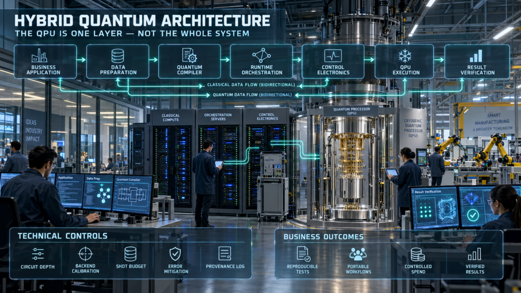 Hybrid quantum computing architecture connecting business applications, classical data preparation, compilation, orchestration, control electronics, a cryogenic QPU and result verification.