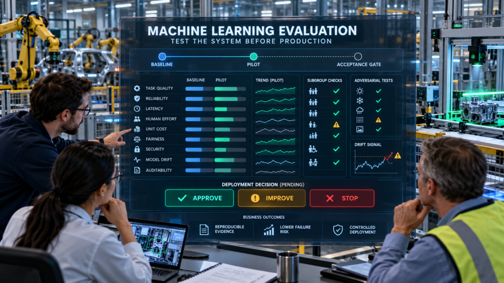 Engineers evaluating machine learning quality, reliability, latency, human effort, cost, fairness, security, drift and auditability before factory deployment.