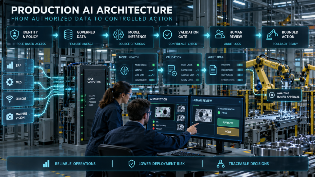 Engineers supervising an AI architecture connecting identity controls, governed data, model inference, validation, human review and bounded factory action.
