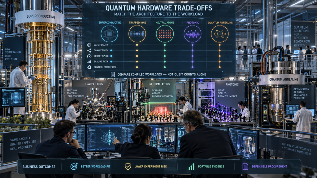 Engineers comparing superconducting, trapped-ion, neutral-atom, photonic and quantum-annealing hardware inside a unified quantum research facility.