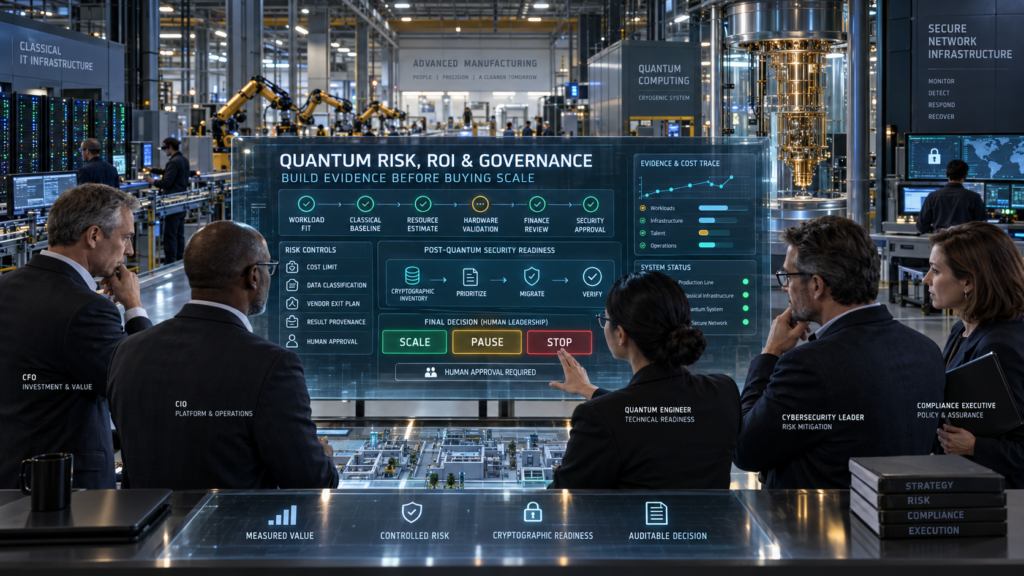 Executive team reviewing quantum-computing validation, investment costs, security controls, post-quantum migration and the final scale, pause or stop decision.