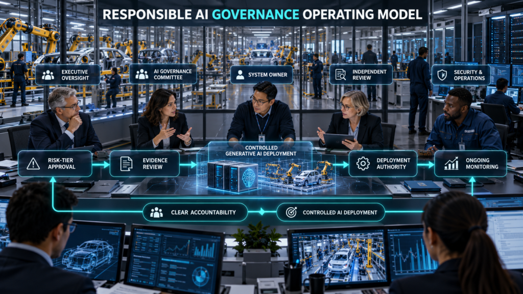 Enterprise governance team managing executive oversight, AI governance, system ownership, independent review, security and controlled generative AI deployment.