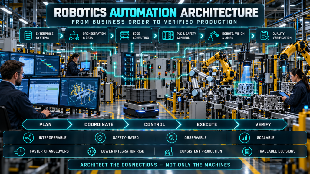 Robotics and Automation: Unified smart factory showing enterprise systems connected to orchestration software, edge computing, PLC safety controls, robots, machine vision, AMRs, and quality verification.