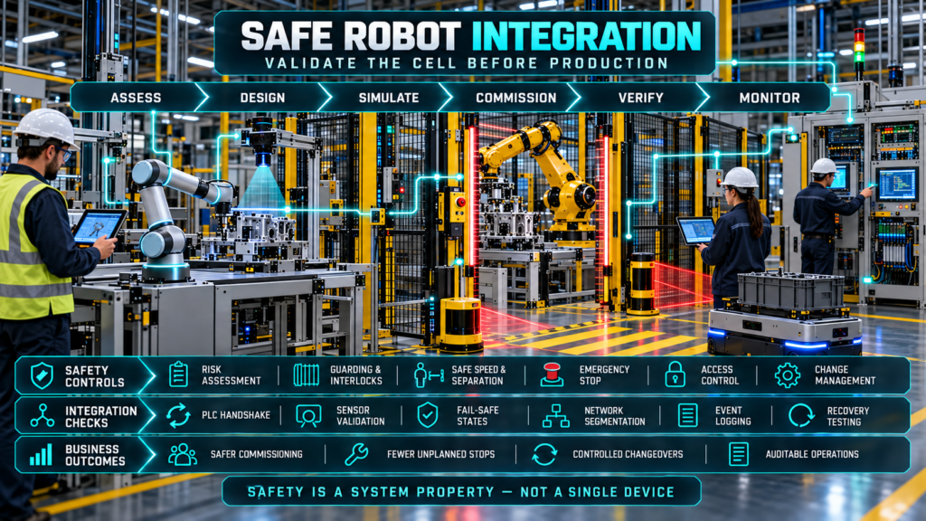 Engineers validating a guarded industrial robot, collaborative robot, safety scanners, machine vision, PLC controls, and an autonomous mobile robot inside a connected factory.