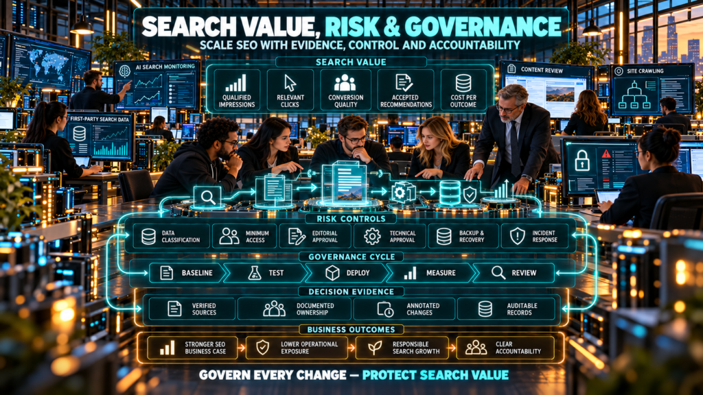 SEO analysts, editors, engineers, security specialists, and a business leader governing search data, content changes, technical deployment, AI visibility, conversions, and audit records.