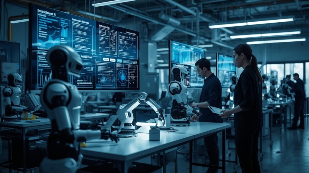 AI robots working alongside humans in a smart workplace using artificial intelligence, automation, and real-time analytics.