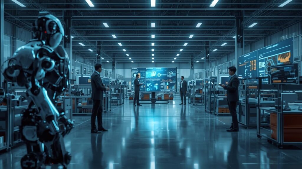 AI robots using artificial intelligence, machine learning, and automation to optimize operations in a modern Industry 4.0 workplace