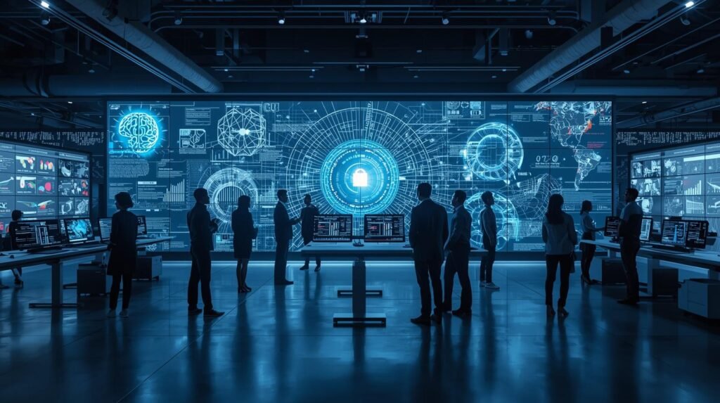 Professionals using AI technology, machine learning, and advanced analytics systems in a modern workplace to improve decision-making and productivity.