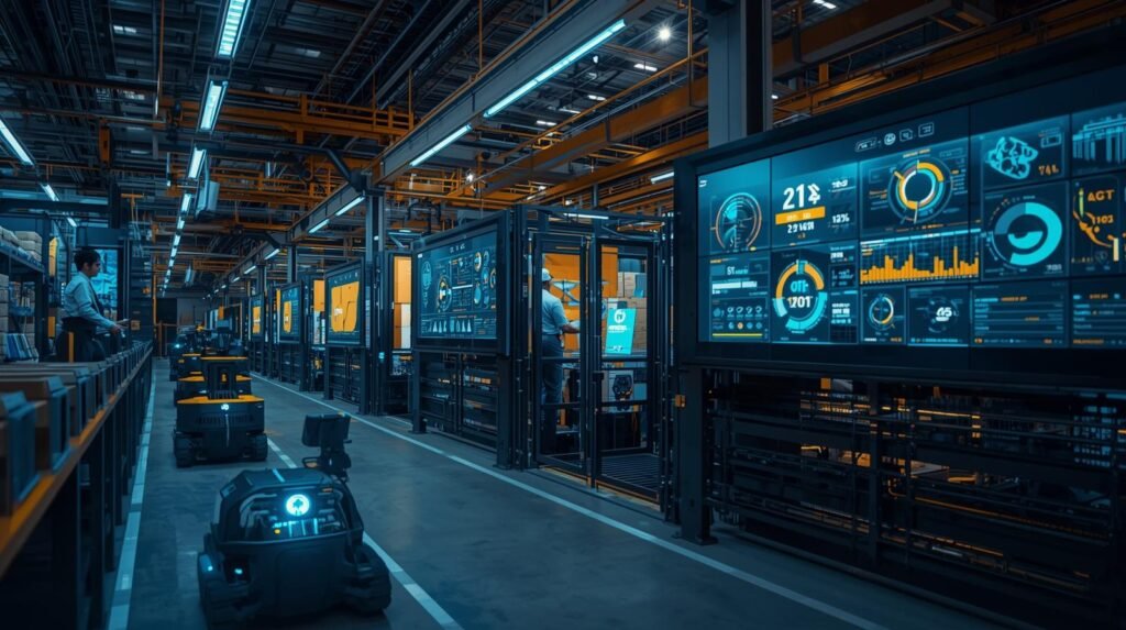 AI-powered logistics operations using smart warehouses, autonomous robots, and real-time supply chain analytics to improve efficiency and delivery performance.