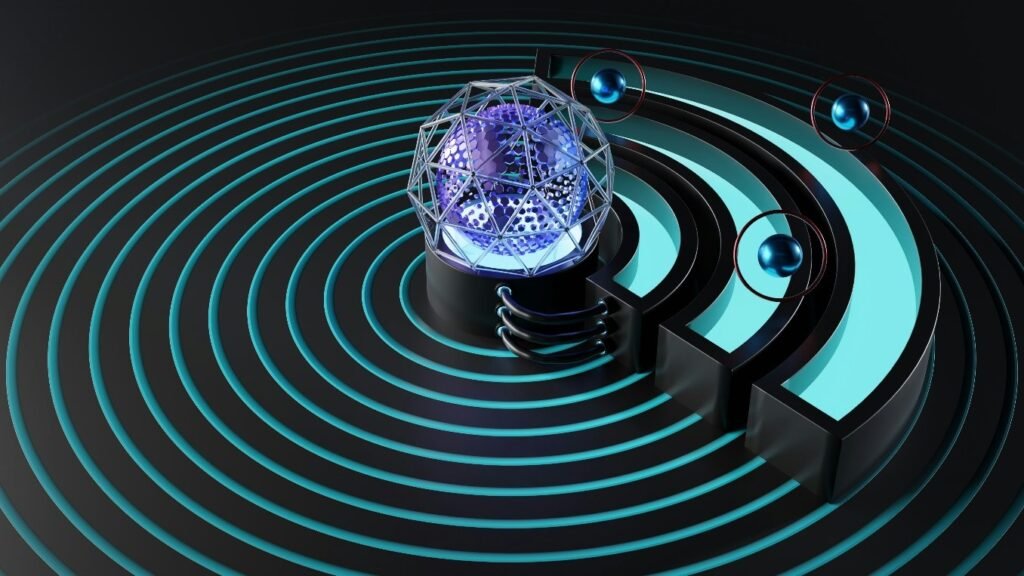 Conceptual illustration of a neutral atom quantum computing system with atom-like particles orbiting a central quantum processor, representing future quantum applications