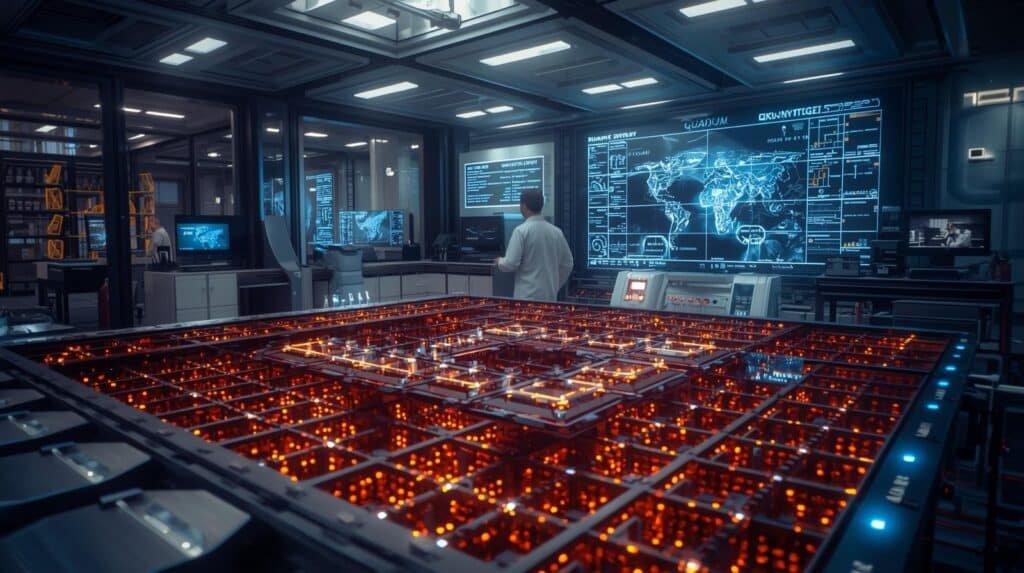 Scientists developing atomic array quantum systems with organized neutral atom qubits, optical tweezers, and advanced quantum computing hardware in a modern laboratory