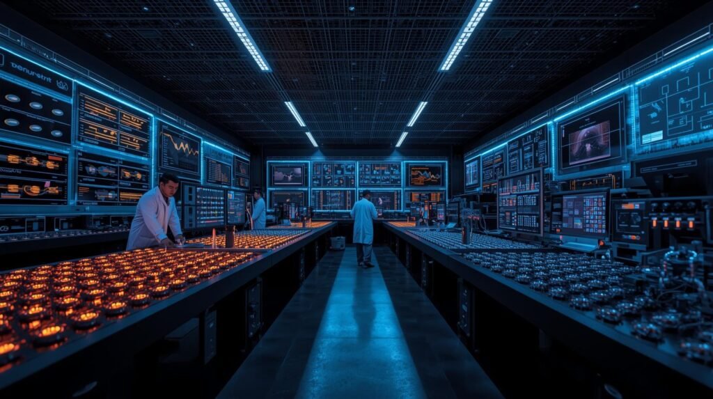 Scientists developing atomic qubit systems using trapped atoms, optical tweezers, and advanced quantum computing technologies in a modern research laborator