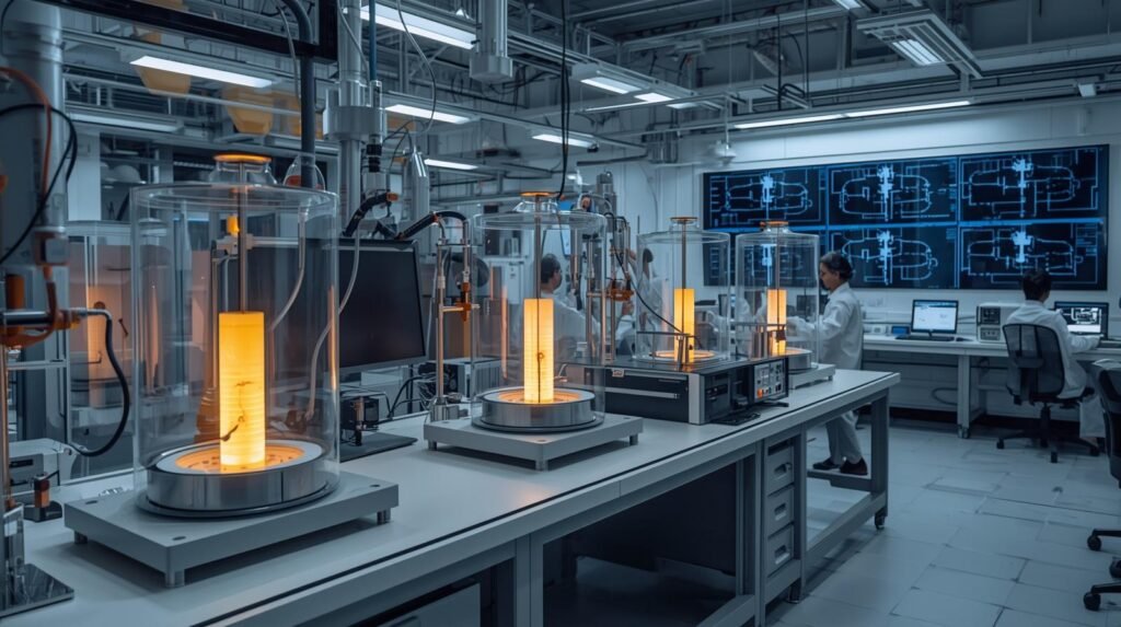 Scientists studying atomic vapors using laser systems, quantum sensors, and precision measurement equipment in an advanced research laboratory