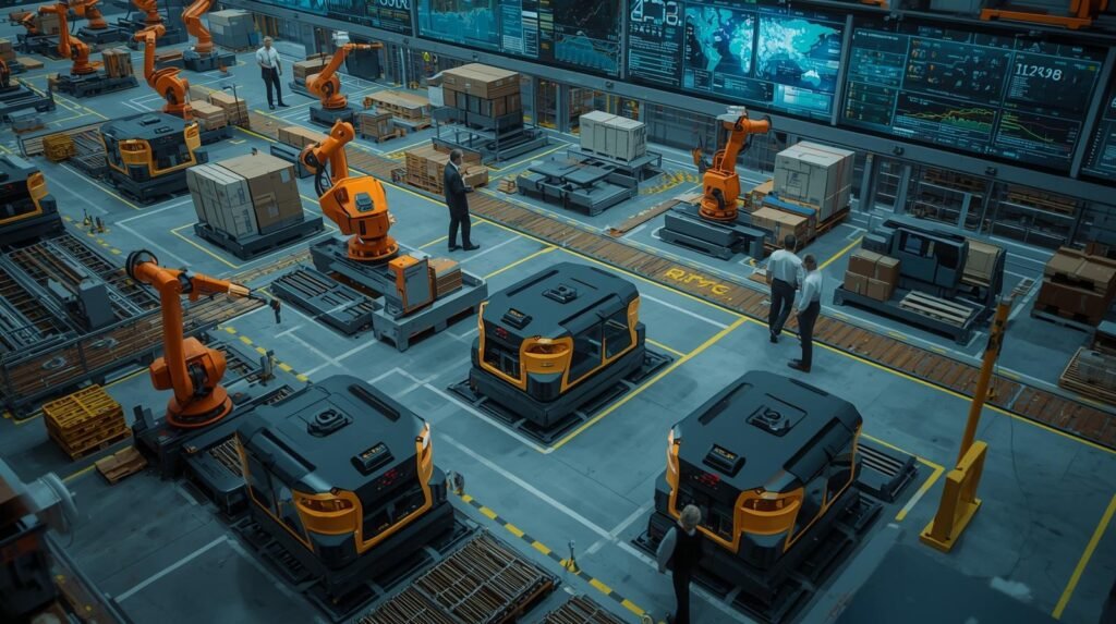 Automated Guided Vehicles transporting materials in a smart warehouse using automated routes and Industry 4.0 logistics technology