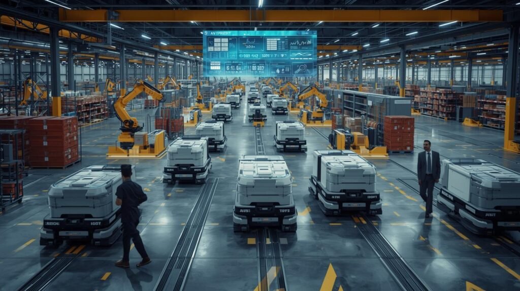 Automated Guided Vehicles transporting materials in a smart warehouse using automated routes and Industry 4.0 logistics technology