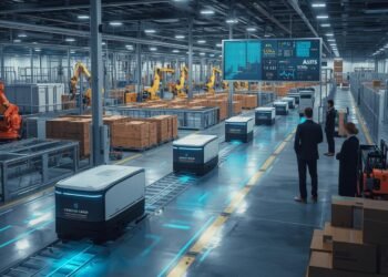 Automated Guided Vehicles transporting materials in a smart warehouse using automated routes and Industry 4.0 logistics technology