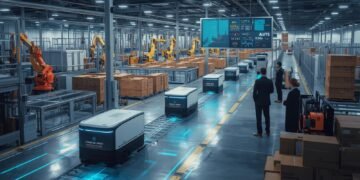 Automated Guided Vehicles transporting materials in a smart warehouse using automated routes and Industry 4.0 logistics technology