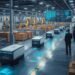 Automated Guided Vehicles transporting materials in a smart warehouse using automated routes and Industry 4.0 logistics technology