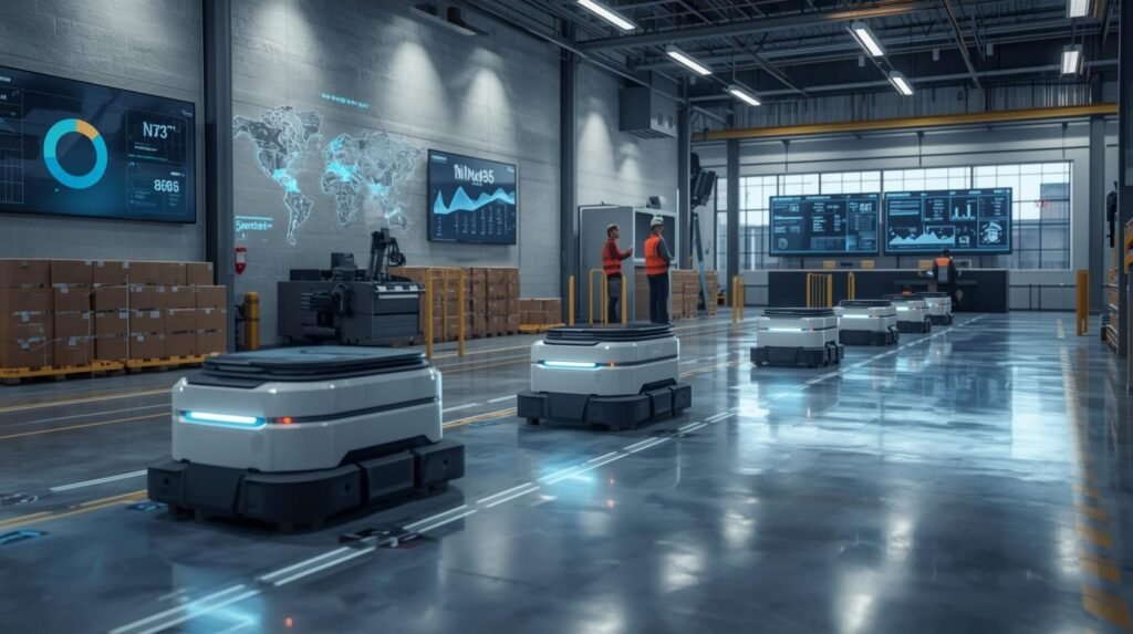 Autonomous mobile robots transporting materials in a smart Industry 4.0 warehouse with AI-powered navigation and automation systems.
