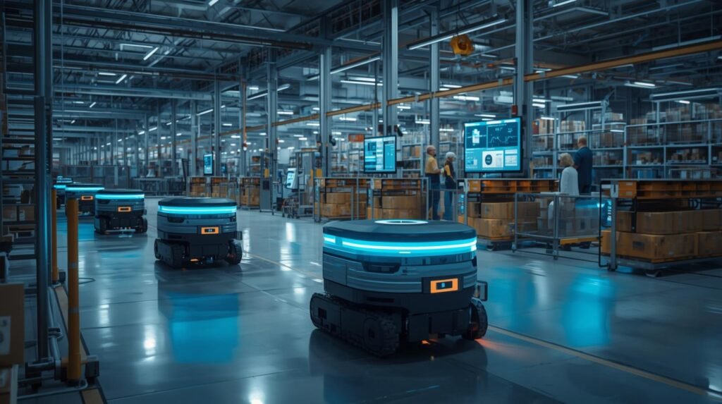 Autonomous mobile robots transporting materials in a smart Industry 4.0 warehouse with AI-powered navigation and automation systems.