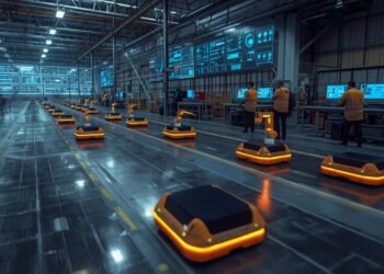 Autonomous mobile robots transporting materials in a smart Industry 4.0 warehouse with AI-powered navigation and automation systems.